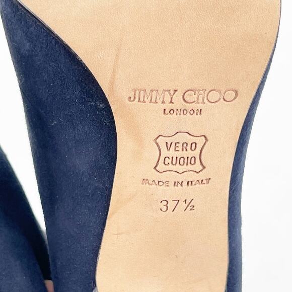 Jimmy Choo Retro y2k Navy Blue Suede Pom Pom Tie Mid-Calf Heeled Boot IT 37.5 - Picture 10 of 12